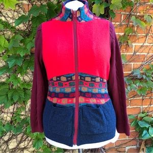 Red Blue Maroon Patchwork Sweater Upcycled XL Zip Up Cotton Wool Sustainable